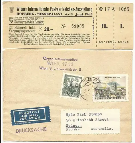Österreich WIPA 1965, offiz. Brief + Eintrittskarte per Luftpost n. Australien