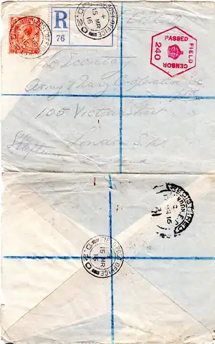 GB 1916, 2d on regd. and censored field post cover from FPO D.20 to London