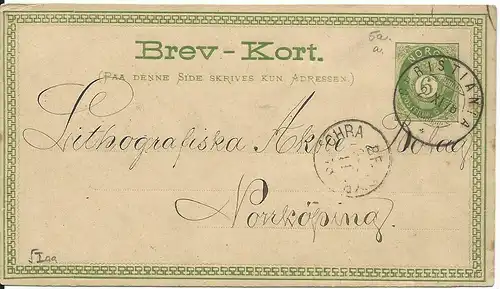 Norwegen P5, 6 öre Ganzsache, sauber gebr. 1881 v. Christiania n. Schweden.