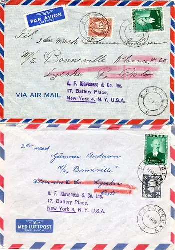 Norwegen 1953, 2 Seemanns Nachsende Luftpost Briefe v. Horten n. USA. 