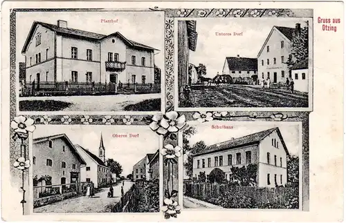 Gruss aus OTZING, Strassenansichten, Schule u. Pfarrhof, 1910 gebr. sw-AK