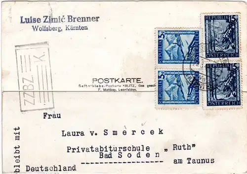 Österreich 1947, je Paar 3+15 G. auf Karte v. Wolfsberg m. brit. ZZBZ Zensur