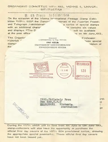 Österreich WIPA 1965, offiz. Brief m. Sonderstpl. + Eintrittskarte n. Australien