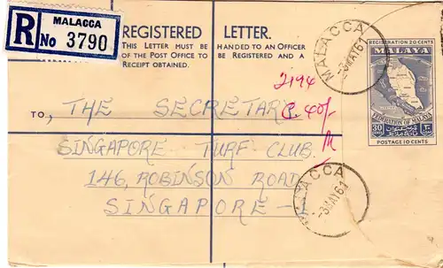 Malaya, 30 C. Einschreiben Ganzsache Brief v. MALACCA n. Singapore. Straits map.