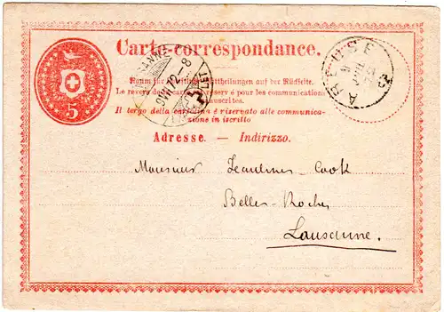 Schweiz 1872, Fingerhut Stpl. AREUSE auf 5 C. Ganzsache 