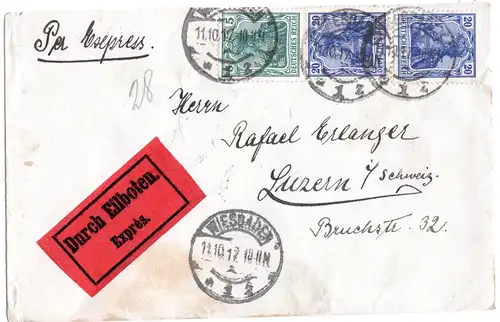 DR 1917, 5+2x20 Pf. auf Eilboten Brief v. Wiesbaden i.d. Schweiz