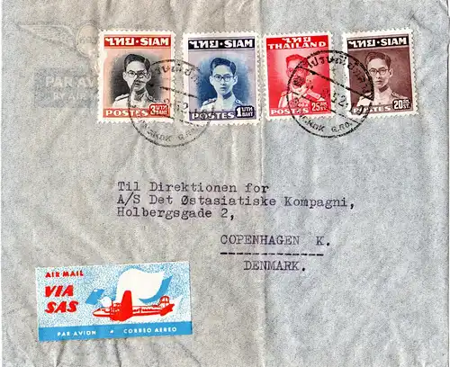 Thailand 1952, 4 Marken auf Luftpost Brief m. SAS Air Mail label n. Dänemark