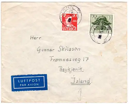 Schweden 1945, 20+40 öre auf Luftpost Brief v. Nykvarn n. Island.