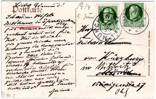Bayern 1914, Karte v. Pfarrkirchen m. Nachsendung v. München n. Mitwitz