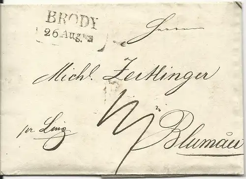 Österreich 1836, L2 BRODY  auf Porto Brief "pr.Linz" n. Blumau