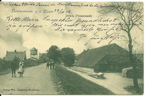 Nordenham, Deich Promenade m. Gebäuden u. Personen, 1906 gebr. sw AK n. Norwegen