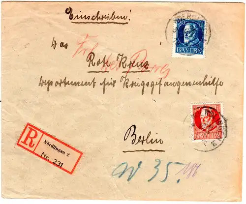 Bayern 1919, 15+20 Pf auf Einschreiben Brief v. Nördlingen ans Rote Kreuz Berlin
