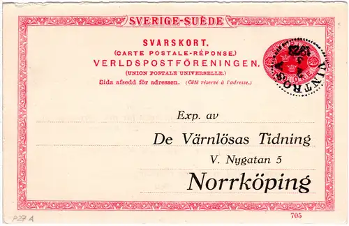 Schweden, gebr. 10 öre Ganzsache Antwortteil v. VINTROSA