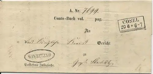 Preussen 1865, R2 Cosel u. Beamten Stpl. Wawretzko auf Formular Amts Brief