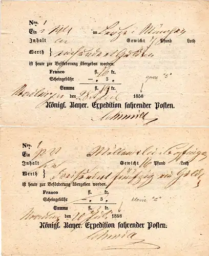Bayern, 2 Postscheine v Nördlingen m. gr.+kl. 5 in eingedruckter Jahreszahl 1858