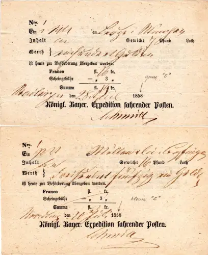 Bayern, 2 Postscheine v Nördlingen m. gr.+kl. 5 in eingedruckter Jahreszahl 1858