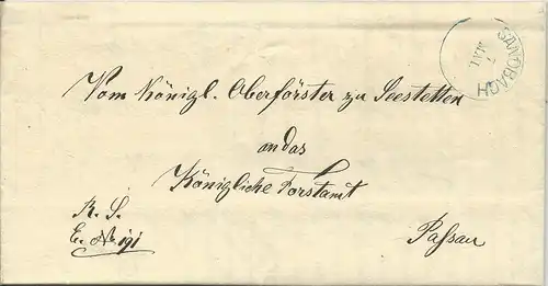 Bayern 1874, blau K1 SANDBACH klar auf Brief v. Seestetten n. Passau