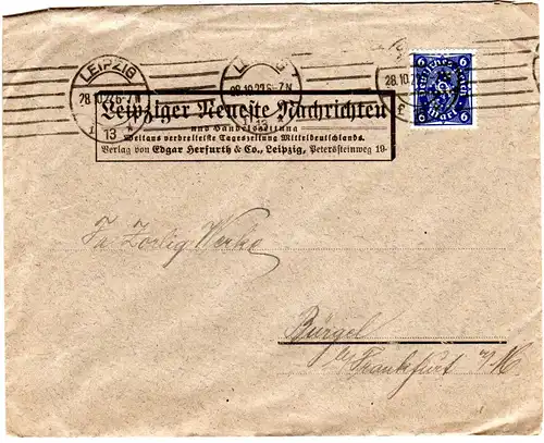 DR 1922, 6 Mk. m. perfin Firmenlochung auf  Brief v. Leipzig