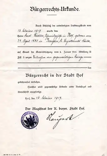 Hof 1917, Bürgerrechts-Urkunde WK I m. Siegelstempel u. Unterschrift