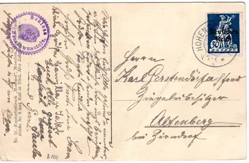 DR 1920, Reservstempel HOHENSCHWANGAU R auf AK m. DR 30 Pf. Abschied. Helbig 100