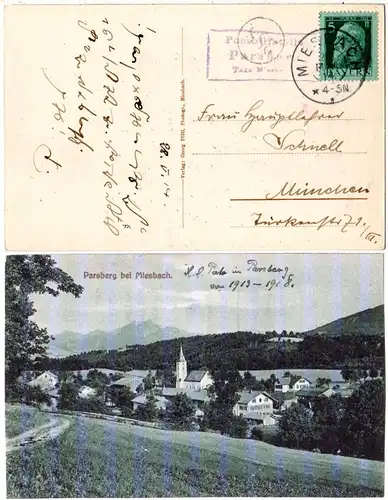 Bayern 1914, R3 Posthilfstelle PARSBERG Taxe Miesbach auf sw-AK m. 5 Pf.