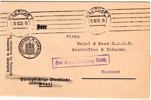 DR 1935, Frei durch Ablösung auf Brief der Justizkasse Hamburg