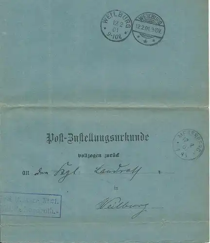 DR 1901, Post Zustellungsurkunde m. K1 MERENBERG, rs. 2 versch. Stpl. Weilburg