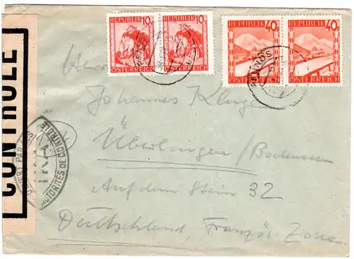 Österreich 1948, je Paar 10+40 G. auf Zensur Brief v. PFUNDS n. Deutschland