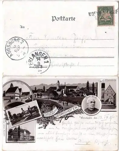 Gruss aus Wörishofen, 1896 gebr. Litho-AK m. 5 Pf. u. Aushilfsstpl. WOERISHOFEN