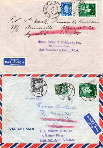 Norwegen 1951/53, 2 Seemanns Nachsende Luftpost Briefe v. Horten n. USA 
