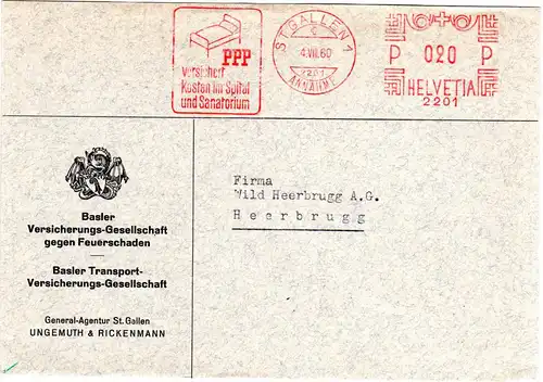 Schweiz 1960, Brief m. St. Gallen Maschinen Freistempel m. Abbildung Krankenbett