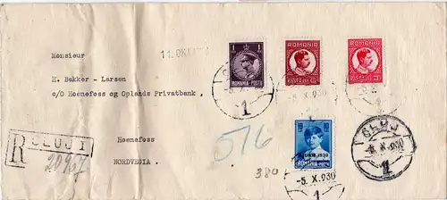 Rumänien 1930, 4 Marken auf Einschreiben Brief v. CLUJI n. Norwegen