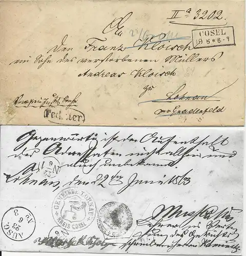 Preussen 1863, R2 Cosel u Beamten Stpl. "Fechner" auf Retour Brief n. Lohnau