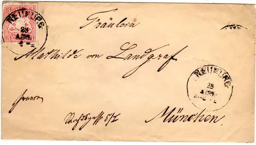 Bayern 1870, K1 NEUBURG auf Brief m. voll- breitrandiger 3 Kr.