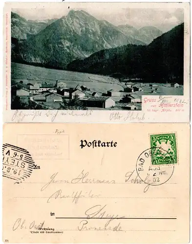 Bayern 1902, Posthilfstelle HINTERSTEIN Taxe Bad Oberdorf auf sw-AK m. 5 Pf