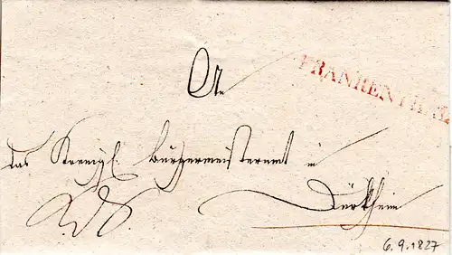 Bayern 1827, gr. L1 Frankenthal in rot auf Brief n. Dürckheim