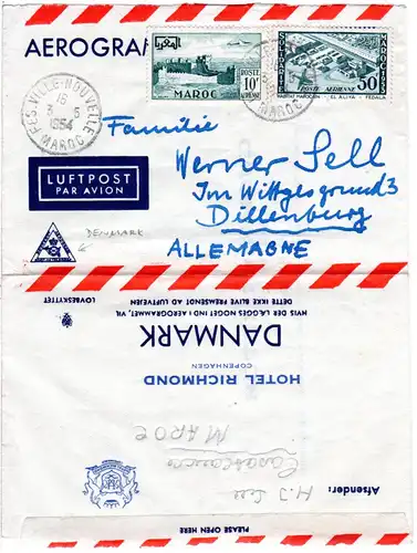 Marokko 1954, 10+50 F. auf Dänemark Aerogramm v. Casablanca n. Deutschland