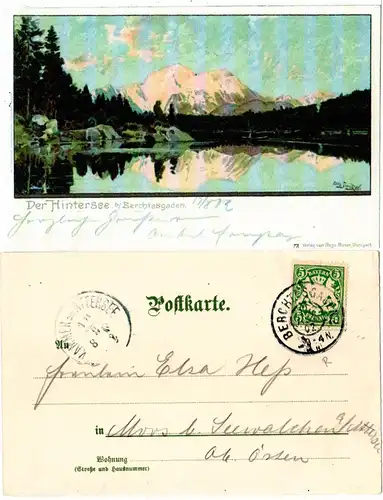 Bayern 1902, Reservestempel BERCHTESGADEN R auf Hintersee AK m. 5 Pf. 
