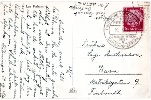DR 1936, Deutsche Schiffspost Hamburg-Afrika P.D. Pretoria auf AK m. 15 Pf