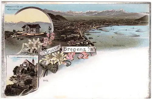 Österreich, Gruss aus Bregenz, ungebr. Litho-AK m. Hotel Pfänder