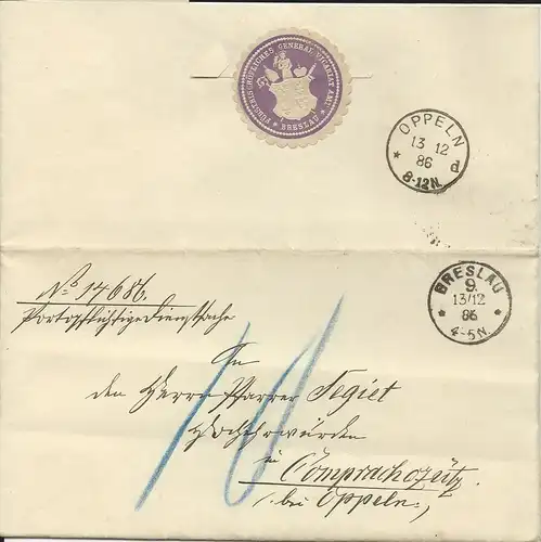 DR 1886, K1 Breslau 9. auf Portopflichtige Dienstsache Brief m. Porto "10" Pf.