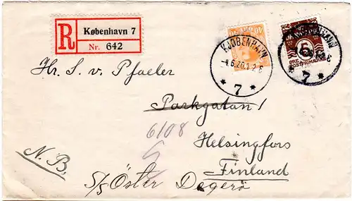 Dänemark 1926, 5+40 öre auf Einschreiben Brief v. Kopenhagen n. Finnland.