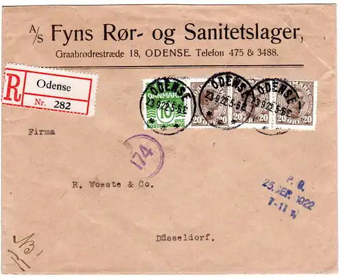 Dänemark 1922, 4 Marken auf Einschreiben Zensur Brief v. Odense n. Deutschland