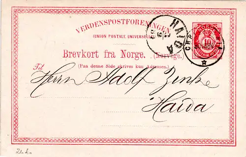 Norwegen 1884, 10 öre Ganzsache, sauber gebr. n. Böhmen, Österreich