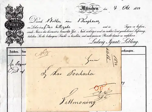 Bayern 1834, illustrierter Fuhrmannsbrief v. München n. Tittmoning 