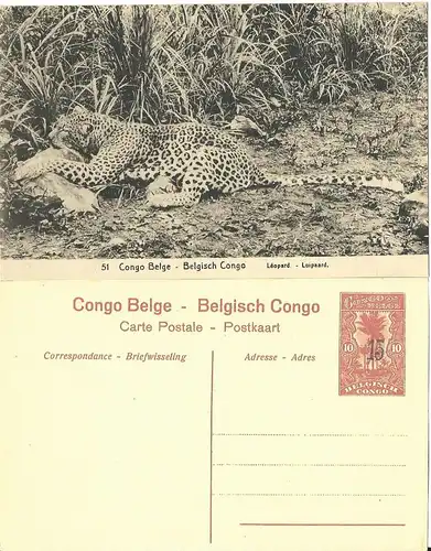 Belgisch Congo, ungebr. 15/10 C. Bild Ganzsache m. Abb. Leopard . H&G55