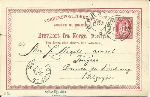 Norwegen P31 II, 10 öre Ganzsache 1896 v. Röraas n. Belgien