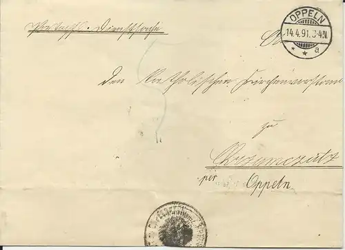 DR 1891,Portopflichtige Dienstsache Orts Brief v. Oppeln m. Porto "5" Pf.