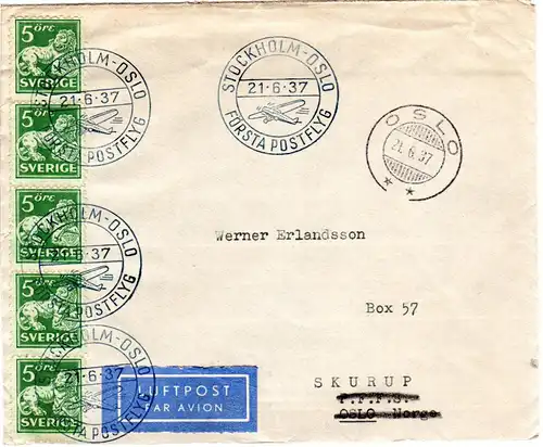 Schweden 1937, 5x5 öre auf Erstflug Brief v. Stockholm n. Oslo, Norwegen