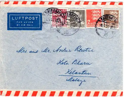 Dänemark 1950, 5+50 öre+1+2 Kr. auf Luftpost Brief v. Kopenhagen n. Malaya
